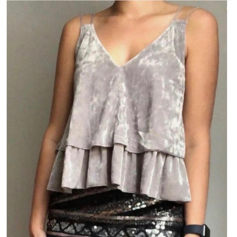 AERIE Crushed Velvet Peplum Cami Top Taupe V-Neck Double Strap Sz S/P Boho Chic